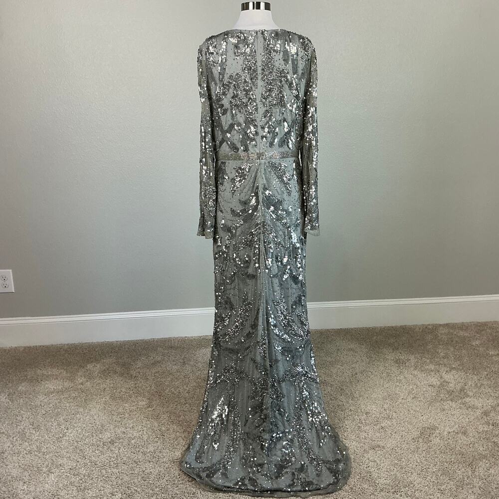 Mac Duggal 5222 Silver Evening Gown Sequined Long Sleeve A-Line Dress Size 12 - Picture 7 of 12